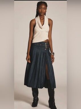 Pilcro Anthropologie Denim Pleated Midi Skirt Belted Button Front Blue Size 0